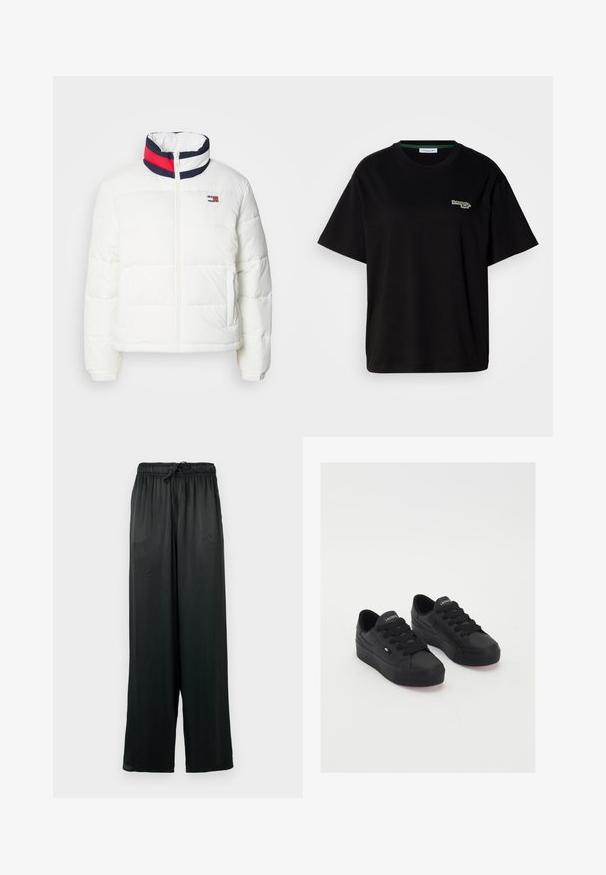 Casaco puffer branco com colarinho alto, apresentando um detalhe em riscas azul marinho, vermelho e branco. Fecho central com zíper e bolsos laterais. Textura suave.; T-shirt preta de algodão com mangas curtas, apresentando um pequeno logótipo verde no lado esquerdo do peito. Decote redondo clássico, ajuste descontraído.; Calças largas pretas feitas de tecido suave, apresentando um cós elástico com cordão. Design simples e minimalista.; Sapatilhas pretas de cano baixo feitas de material suave, com atacadores grossos, uma sola texturizada e um pequeno logo na lateral e na língua.