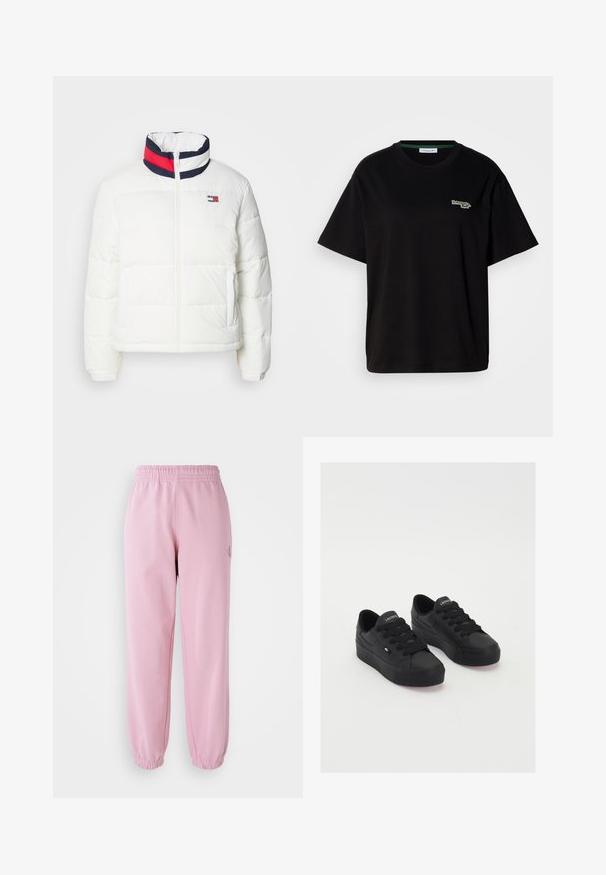 Casaco puffer branco com colarinho alto, apresentando um detalhe em riscas azul marinho, vermelho e branco. Fecho central com zíper e bolsos laterais. Textura suave.; T-shirt preta de algodão com mangas curtas, apresentando um pequeno logótipo verde no lado esquerdo do peito. Decote redondo clássico, ajuste descontraído.; Calças de treino cor de rosa com cintura elástica e punhos franzidos. Feitas de um tecido suave, apresentam um pequeno detalhe de logótipo na parte da frente.; Sapatilhas pretas de cano baixo feitas de material suave, com atacadores grossos, uma sola texturizada e um pequeno logo na lateral e na língua.