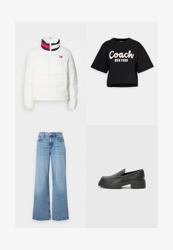 White puffer jacket with a high collar featuring a navy, red, and white striped accent. Center front zip and side pockets. Smooth texture.; Black cropped t-shirt made of cotton, featuring large white "Coach New York" text on the front and short sleeves. Smooth texture.; Light blue wide-leg jeans made of denim, featuring a high waist, five pockets, and a subtle faded texture with rivet hardware.; Black leather loafers with a rounded toe, thick textured sole, and minimal stitching details. Sleek design with no visible laces or hardware.