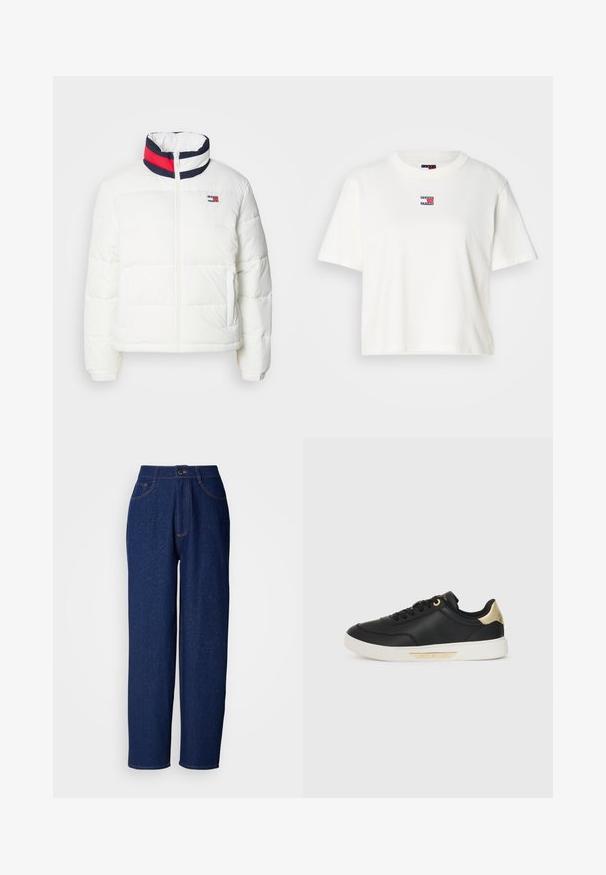 Bela puhovka s visokim ovratnikom, ki ima mornarsko modro, rdečo in belo trakasto poslikavo. Spredaj se zapenja na zadrgo, imata pa tudi stranska žepa. Gladka tekstura.; Bela bombažna majica s krojnim izrezom in kratkimi rokavi. Na prsih ima majhen barvit logotip s rdečimi, modrimi in belimi akcenti.; Temno modri denim široki hlače z visokim pasom, ki vključujejo oranžno šivanje, sprednje žepke in gumbasto zapiranje. Gladka tekstura s subtilnimi pikami.; Črne usnjene teniske z gladko teksturo, bele gumijaste podplate, zlatimi detajli na peti in očesci ter logotipom na strani.