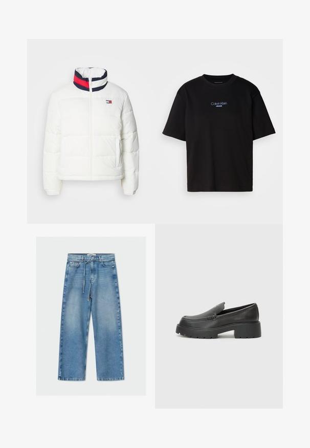 Vit puffjacka med hög krage som har en marinblå, röd och vit rand. Dragkedja fram i mitten och sidofickor. Slät textur.; Svart bomulls T-shirt med rund nacke, korta ärmar och blå broderad "Calvin Klein JEANS" logotyp på framsidan.; Ljusblå denim byxor med vida ben, hög midja, dragsko, femfickorsdesign och rå kant.; Svarta läderloafers med rund tå, tjockt strukturerat såle och minimala sömnadsdetaljer. Snygg design utan synliga snören eller beslag.