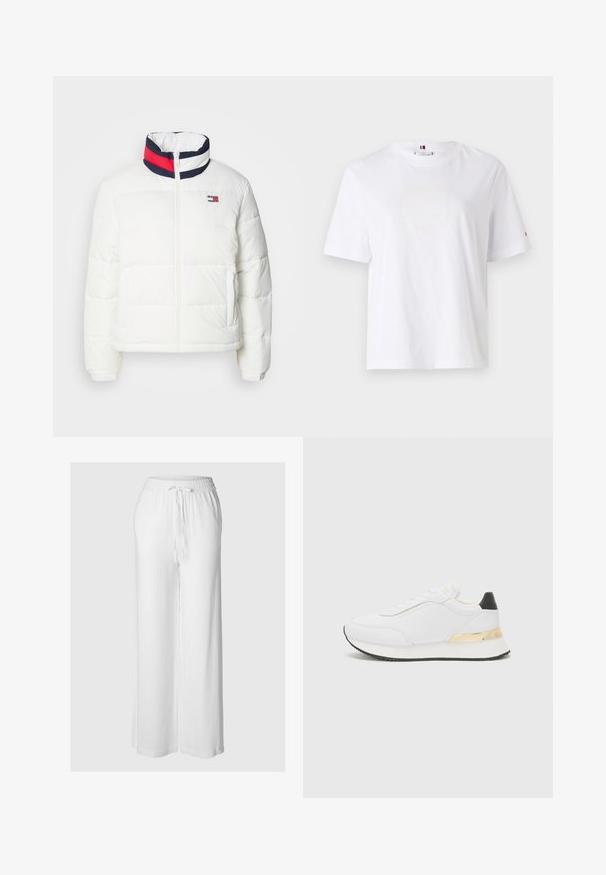 Valge puffjakker kõrge kaelusega, millel on tumesinine, punane ja valge triibuline aktsent. Esimene keskne lukustus ja külje taskud. Sile tekstuur.; Valge puuvillane T-särk ümarate kaelaaukude, lühikeste varrukate ja peene kollase logoga, millel on tekst "HILFIGER NEW YORK 1985". Tavaline lõige.; Valged laiad püksid kergest kangast, elastse vöökoha ja nööriga, sileda tekstuuriga.; Valged sneakers sileda viimistlusega, millel on must kanna aktsent ja kuldne metalldetail keskosa peal. Traatidega disain, kummist talla.