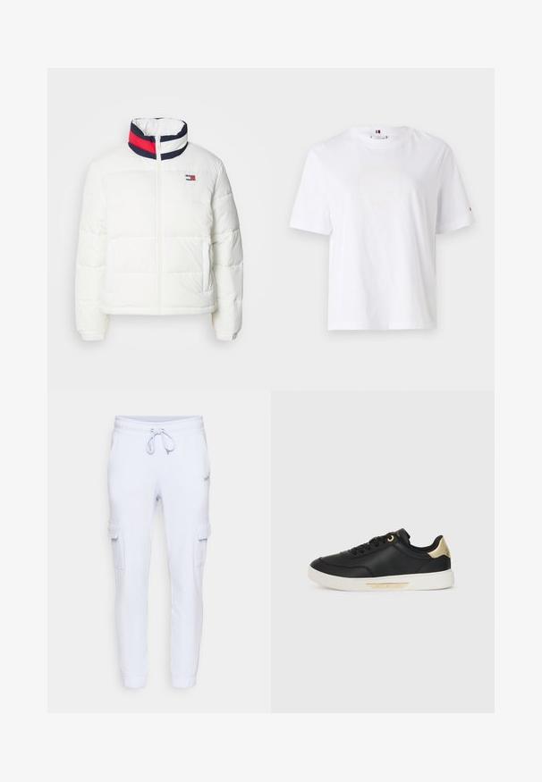 Balts pūkains mētelis ar augstu apkakli, kas satur jūras zila, sarkana un balta svītru akcentu. Centrālais priekšējais rāvējslēdzis un sānu kabatas. Gluda tekstūra.; Balts kokvilnas T-krekls ar apaļu kaklu, īsām piedurknēm un smalku dzeltenu logo dizainu, kas lasa "HILFIGER NEW YORK 1985". Standarta izgriezums.; Baltas sporta bikses ar auklu jostasvietā, sānu kabatām un pieguļošiem piegriezumiem, izgatavotas no mīksta materiāla ar gludu tekstūru.; Melna ādas kedas ar gludu tekstūru, baltu gumijas zoli, zelta akcentiem uz papēža un acs caurumiem, ar logo sānos.