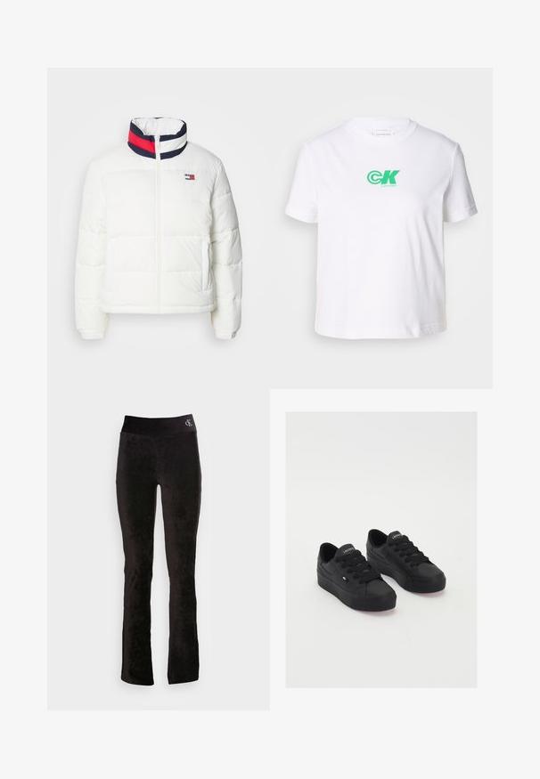 Casaco puffer branco com colarinho alto, apresentando um detalhe em riscas azul marinho, vermelho e branco. Fecho central com zíper e bolsos laterais. Textura suave.; T-shirt de algodão branco com gola redonda e mangas curtas, apresentando o logótipo verde da Calvin Klein na parte da frente. Design clássico de corte reto.; Calvin Klein Jeans VELVET SKINNY PANTS - Calças - black; Sapatilhas pretas de cano baixo feitas de material suave, com atacadores grossos, uma sola texturizada e um pequeno logo na lateral e na língua.