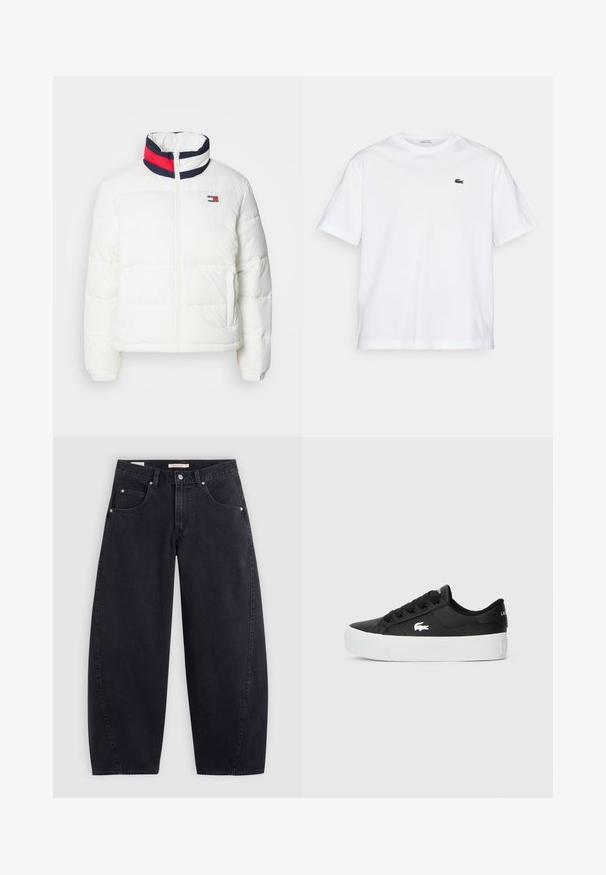 Fehér puffermellény magas gallérral, tengerészkék, piros és fehér csíkkal díszítve. Középen cipzárral nyílik, oldalsó zsebekkel rendelkezik. Sima textúra.; Fehér pamut póló, kerek nyakkivágással és rövid ujjakkal. A mellkason zöld hímzett logóval rendelkezik. Puha tapintású, laza szabású.; Fekete farmer széles szárú nadrág magas derékkal, két elülső zsebből és ezüst színű fémrészekből áll. Simább anyagú, minimális varrási részletekkel és egyenes vonalvezetéssel.; Fekete alacsony szárú sneaker szintetikus anyagból, fehér gumitalppal, fekete fűzőkkel és egy kis fehér logóval az oldalán.
