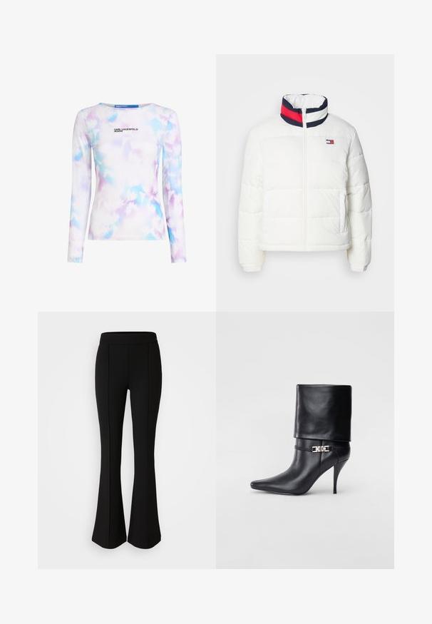 Weißer Pufferjacke mit hohem Kragen, der mit einem navyblauen, roten und weißen Streifenakzent verziert ist. Zentrale Frontreißverschluss und seitliche Taschen. Glatte Textur.; Langärmliges Oberteil aus einem glatten, elastischen Material. Es hat ein florales Muster in Pastellblau und lila sowie ein bedrucktes Logo auf der Vorderseite.; Schwarze, ausgestellte Hose aus einem dehnbaren Material mit glatter Textur, ausgestattet mit Nahtdetails an der Vorderseite für ein zusätzliches Designelement.; Schwarze Leder-Ankle-Boots mit spitzer Zehenpartie, hohen Stiletto-Absätzen, umgeschlagenem Schaft und einem goldenen dekorativen Schnallen-Detail an der Knöchel.