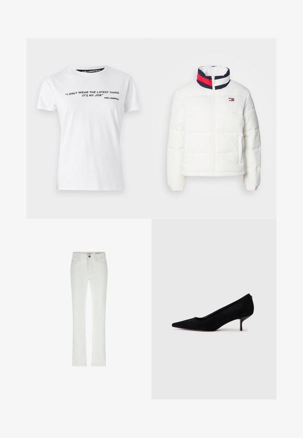 Hvid oppustelig jakke med høj krave, der har et accent i navy, rød og hvid stribe. Centerfront lynlås og sidelommer. Glat tekstur.; Hvid bomulds T-shirt med korte ærmer, med sort trykt tekst og citat på forsiden, samt et mærketikette med 'KARL LAGERFELD.'; Hvide jeans med en slim fit, 5-lommers design og kontrasterende syninger. Har en knaplukning og et diskret mærke på linningen.; Sort ruskind højhælet sko med spids tå og en slank, lav hæl. Glat tekstur med et strømlinet design, uden synlig hardware.