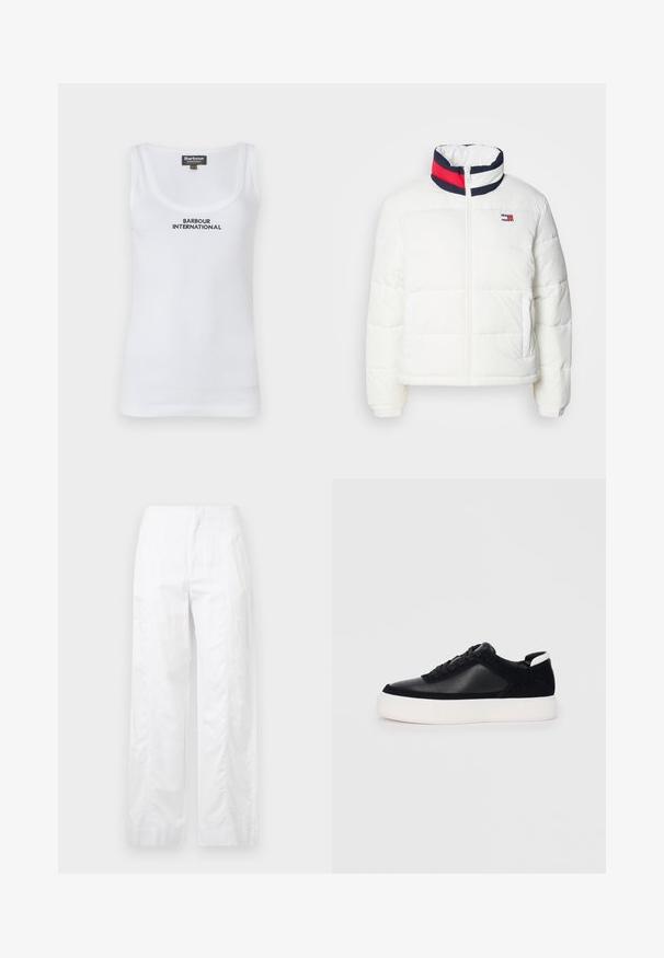 White puffer jacket with a high collar featuring a navy, red, and white striped accent. Center front zip and side pockets. Smooth texture.; White cotton tank top with a scoop neck, featuring "BARBOUR INTERNATIONAL" embroidered in black. Smooth texture, sleeveless design.; White wide-leg trousers made of lightweight fabric, featuring a smooth texture, clean lines, and a high waist design.; Black sneaker with smooth leather and suede panels, flat laces, rounded toe, and a white rubber sole. Distinct logo on the heel.