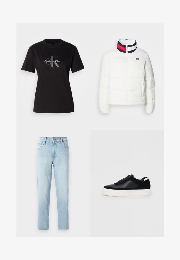 Valkoinen puffatakkia, jossa on korkea kaulus ja tummansinen, punainen ja valkoinen raidallinen yksityiskohta. Keskellä edessä vetoketju ja sivutaskut. Sileä pinta.; Mustat puuvillapaita, jossa on lyhyet hihat, pyöreä pääntie ja keskellä logo, jossa lukee "Calvin Klein" ja "CK" harmaalla.; Vaaleansiniset farkut, suora lahjetyyli, keskikorkea vyötärö, viisi taskua ja nappikiinnitys edessä.; Musta lenkkari sileällä nahka- ja mokkanahkapaneelilla, litteät nauhat, pyöreä varvas sekä valkoinen kumipohja. Erottuva logo kantapäässä.