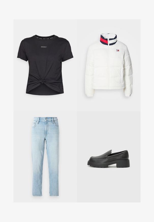 Valkoinen puffatakkia, jossa on korkea kaulus ja tummansinen, punainen ja valkoinen raidallinen yksityiskohta. Keskellä edessä vetoketju ja sivutaskut. Sileä pinta.; Mustapaitainen lyhythihainen t-paita, joka on valmistettu puuvillasta. Paidassa on solmittu muoto helman kohdalla ja rintakehässä kiiltävät "DKNY"-logo kivialluilla.; Vaaleansiniset farkut, suora lahjetyyli, keskikorkea vyötärö, viisi taskua ja nappikiinnitys edessä.; Musta nahkakengät, joissa on pyöristetty kärki, paksu teksturoitu pohja ja vähäiset ompeluyksityiskohdat. Tyylikäs muotoilu, jossa ei ole näkyviä nauhoja tai metalliosia.