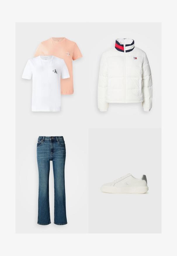 Valge puffjakker kõrge kaelusega, millel on tumesinine, punane ja valge triibuline aktsent. Esimene keskne lukustus ja külje taskud. Sile tekstuur.; Kaks lühikeste varrukatega T-särki: üks valge musta CK logo ja teine helepeach väiksema CK logo'ga, mõlemad pehmest puuvillast.; Kõrge vöökohaga sinised teksad, mis on valmistatud denimist, sirge jalaga disain, kerge pleekimine ning tavaline nööp ja tõmblukk.; Valged nahast tenniseketsad sujuva tekstuuriga, hõbedase aktsendiga kandadel, lame tallaga ja minimalistliku disainiga.