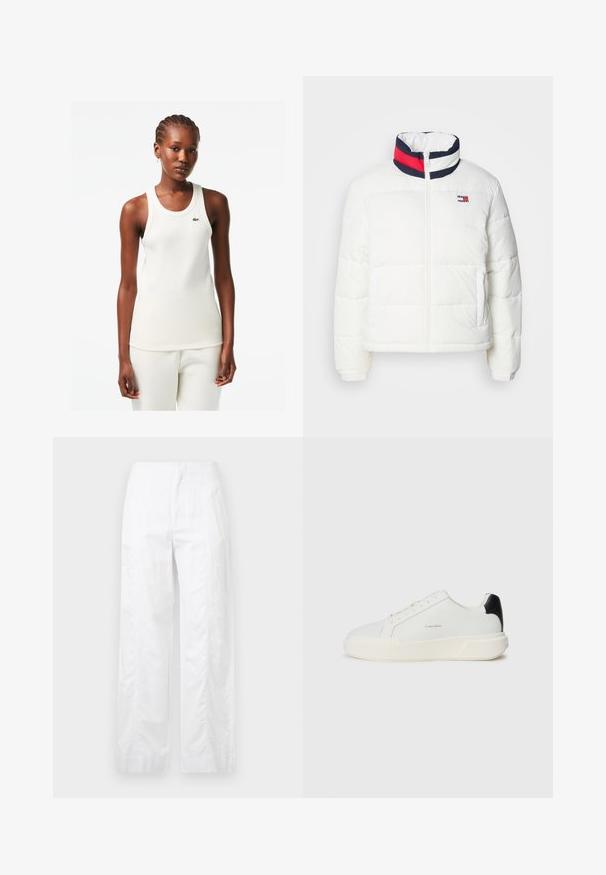 Casaco puffer branco com colarinho alto, apresentando um detalhe em riscas azul marinho, vermelho e branco. Fecho central com zíper e bolsos laterais. Textura suave.; Camisola branca com nervuras, decote redondo e o logótipo verde da Lacoste no peito, combinada com calças brancas a condizer.; Calças brancas de perna larga feitas de um tecido leve, com uma textura suave, linhas limpas e um design de cintura alta.; Sapatilha branca com parte superior em couro liso, biqueira redonda, fecho de atacadores e um contraste no calcanhar em preto. Apresenta uma sola de borracha texturizada.