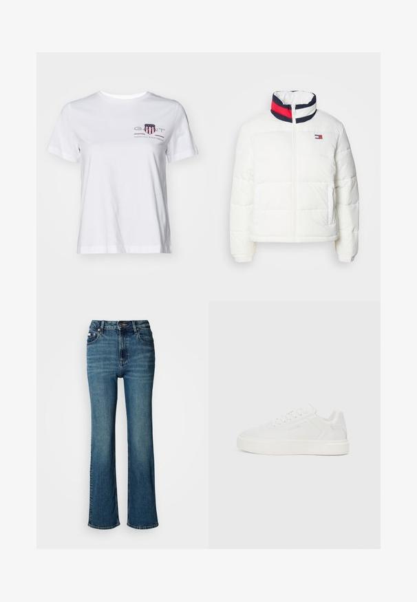 Doudoune blanche avec un col montant, ornée d'un accent rayé bleu marine, rouge et blanc. Fermeture éclair au centre devant et poches latérales. Texture lisse.; T-shirt en coton blanc à manches courtes, col rond, avec un logo brodé rouge et bleu sur le côté gauche. Texture lisse, coupe décontractée.; Jean bleu taille haute en denim, avec une coupe droite, un léger délavé et une fermeture standard par bouton et zip.; Baskets blanches basses avec une semelle plate, dessus en synthétique lisse, bout arrondi et couture ton sur ton. Présente un système de laçage et une marque sur le côté.