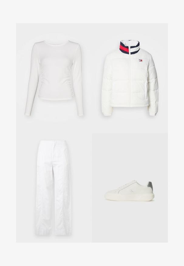 White puffer jacket with a high collar featuring a navy, red, and white striped accent. Center front zip and side pockets. Smooth texture.; White long-sleeve top made of ribbed fabric, featuring a fitted design with ruching detail at the sides and a round neckline.; White wide-leg trousers made of lightweight fabric, featuring a smooth texture, clean lines, and a high waist design.; White sneaker made of leather with a smooth texture, featuring a silver accent on the heel, flat sole, and minimalistic design.