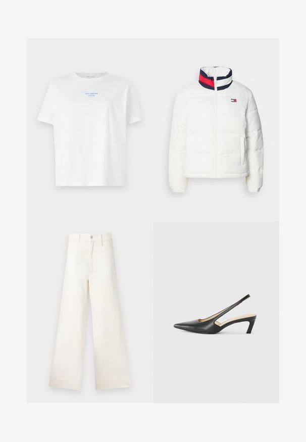 Witte pufferjas met een hoge kraag en een marineblauwe, rode en witte gestreepte accentuering. Centraal vooraan rits en zijzakken. Gladde textuur.; Witte katoenen t-shirt met een ronde hals en korte mouwen, met daarop in blauwe druk de tekst "ICE CREAM PLEASE" boven een eenvoudige lijntekening van een ijshoorntje.; Bredere broek van lichtbeige katoen. Heeft een hoge taille, voorzakken en een rechte snit. Schoon afgewerkte zoom zonder patronen.; Zwarte puntige slingback schoen met een lage hak, gemaakt van soepel leer en voorzien van een uitsnede aan de zijkant voor ventilatie.