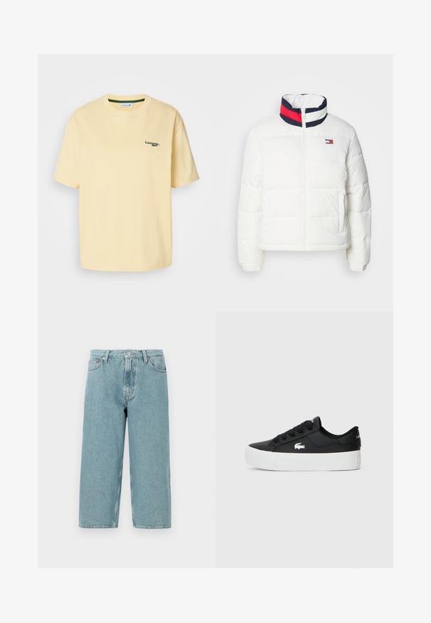 Valge puffjakker kõrge kaelusega, millel on tumesinine, punane ja valge triibuline aktsent. Esimene keskne lukustus ja külje taskud. Sile tekstuur.; Kollane puuvillane T-särk mugava istumisega, lühikeste varrukatega ja roheline tikandiga logo vasakul rinnal. Sile tekstuur ja ümar kaelus.; Heledad sinine denim lühikesed püksid kõrge talje, sirge lõike ja toore äärega. Omad klassikalise nööbi ja lukuga kinnituse, neli taskut.; Mustad musta värvi madal sneaker sünteetilisest materjalist, valge kummist tallaga, mustade paeltega ja külje peal väikese valge logoga.