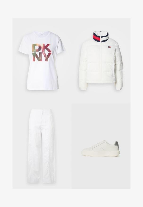 Valge puffjakker kõrge kaelusega, millel on tumesinine, punane ja valge triibuline aktsent. Esimene keskne lukustus ja külje taskud. Sile tekstuur.; Valge puuvillane t-särk, millel on suur ja värviline "DKNY" logo, millel on gradient-efekt ja säravad aktsendid. Klasikaline ümar kaelus.; Valged laiad püksid, mis on valmistatud kergetest materjalidest, omades siledat tekstuuri, puhtaid jooni ja kõrget vöökohta.; Valged nahast tenniseketsad sujuva tekstuuriga, hõbedase aktsendiga kandadel, lame tallaga ja minimalistliku disainiga.