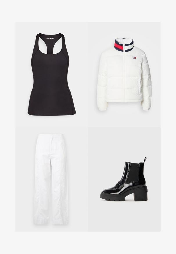 Valge puffjakker kõrge kaelusega, millel on tumesinine, punane ja valge triibuline aktsent. Esimene keskne lukustus ja külje taskud. Sile tekstuur.; Must mustern-topp, mis on valmistatud siledast kangast, võistleb raceri selja disaini ja kontrastsete õmbluste detailidega, mis lisavad vastupidavust.; Valged laiad püksid, mis on valmistatud kergetest materjalidest, omades siledat tekstuuri, puhtaid jooni ja kõrget vöökohta.; Must musta ankle boot, mille dekoratiivsete rihmade ja kontrastsete õmblustega, chunky kontsaga ja elastsete külgpaneelidega. Sile tekstuur läikiva viimistlusega.
