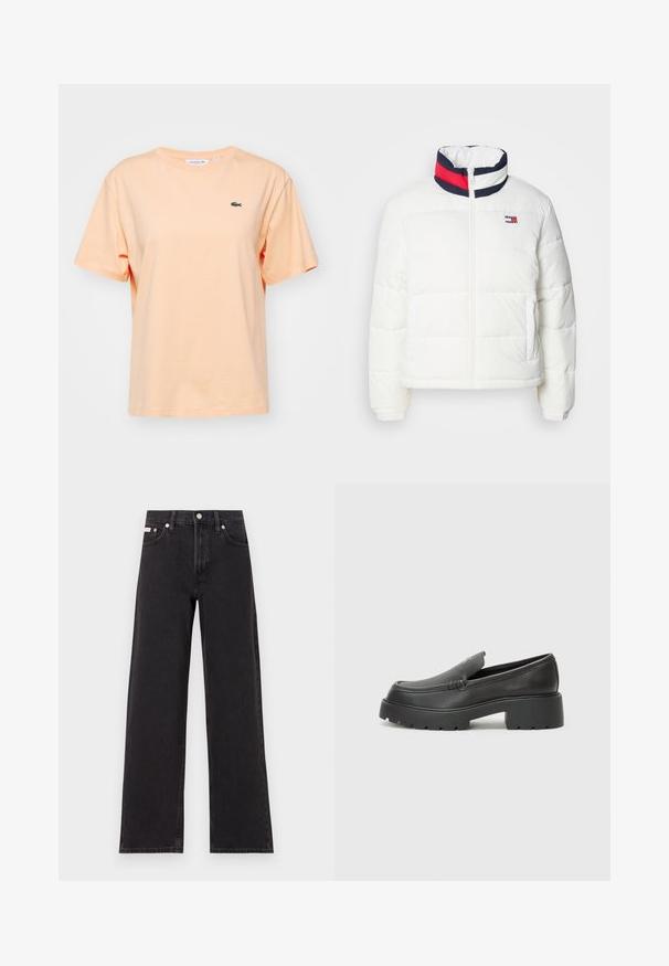 Casaco puffer branco com colarinho alto, apresentando um detalhe em riscas azul marinho, vermelho e branco. Fecho central com zíper e bolsos laterais. Textura suave.; T-shirt de algodão pêssego com mangas curtas e decote redondo. Apresenta um pequeno logo de crocodilo verde da Lacoste no peito.; Jeans de perna larga pretos feitos de denim, apresentando uma cintura alta, estilo de cinco bolsos e um fecho em botão de metal com costura contrastante.; Mocassins de couro preto com bico arredondado, sola espessa e texturizada, e detalhes de costura minimalistas. Design elegante sem atacadores ou ferragens visíveis.