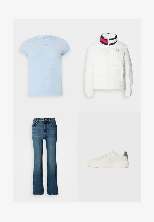 Balta pūkų striukė su aukštu apykakle, su tamsiai mėlynos, raudonos ir baltos spalvų juostomis. Priekyje užtrauktukas ir šoninės kišenės. Lygus paviršius.; Šviesiai mėlyna trumpomis rankovėmis marškinėliai, pagaminti iš minkštos medvilnės, su sidabru blizgančiais puslankiais išmėtytais ant audinio ir mažu sidabriniu logotipu priekyje.; Aukštai juosmeniu mėlyni džinsai iš denimo, turintys tiesaus kirpimo dizainą, švelnų blukimą ir standartinį mygtuko bei užtrauktuko uždarymą.; Balti odiniai sportbačiai su lygiu paviršiumi, turintys sidabrinę akcentą kulne, plokščiu padu ir minimalistiniu dizainu.