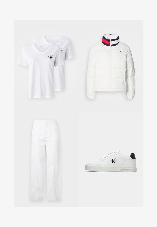 Bela puhovka s visokim ovratnikom, ki ima mornarsko modro, rdečo in belo trakasto poslikavo. Spredaj se zapenja na zadrgo, imata pa tudi stranska žepa. Gladka tekstura.; Dve bele bombažne majice s kratkimi rokavi in V-izrezom, ki na levem prsnem predelu nosita majhen črn logotip 'Calvin Klein'.; Bela široka hlače iz lahkega materiala, ki se ponašajo z gladko teksturo, čistimi linijami in visokim pasom.; Bela usnjena superga s okroglo konico, ravnim podplatom in črnim poudarkom na peti. Vključuje črn logotip Calvin Klein na strani in vtisnjeno ime blagovne znamke.