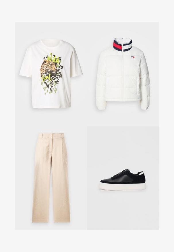 Casaco puffer branco com colarinho alto, apresentando um detalhe em riscas azul marinho, vermelho e branco. Fecho central com zíper e bolsos laterais. Textura suave.; T-shirt de algodão branco com um gráfico de leopardo com acentos verdes e as palavras "Alma Selvagem." Mangas curtas, corte relaxado e textura suave.; Calças bege feitas de um tecido suave. Apresentam um corte reto, frente lisa e duas pregas. Sem padrões visíveis ou acessórios.; Sapatilha preta com painéis de pele lisa e camurça, atacadores planos, bico arredondado e sola de borracha branca. Logótipo distinto no calcanhar.
