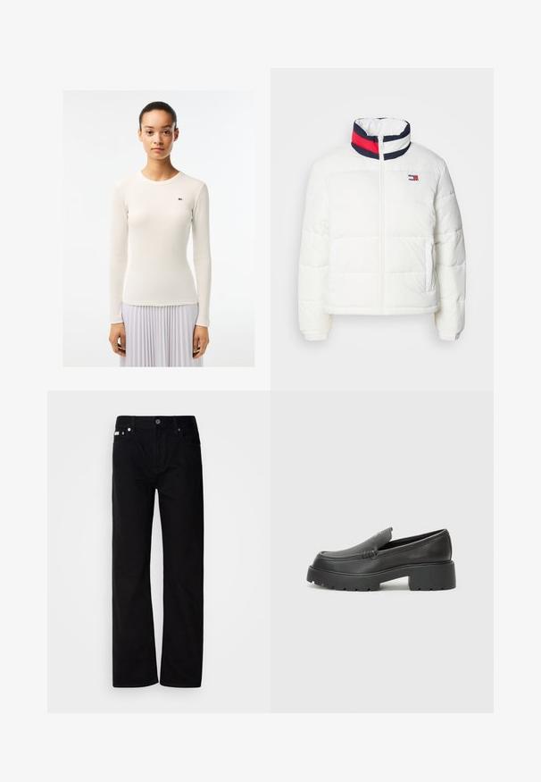 Hvit pufferjakke med høy krage, med en marineblå, rød og hvit stripet detalj. Glidelås i midten foran og sidelommer. Glatt tekstur.; Hvit langermet topp med ribbestruktur og rund halslinning, med en liten grønn logo på venstre side. Glatt stofffinish.; Svart denim rettfittede bukser med fem lommer, sølvnitter og knappestolpe. Stoffet har en glatt, lett teksturert overflate.; Sorte skinnloafers med rund tå, tykk teksturert såle og minimale sømdetaljer. Strømlinjeformet design uten synlige snørebånd eller hardvarer.