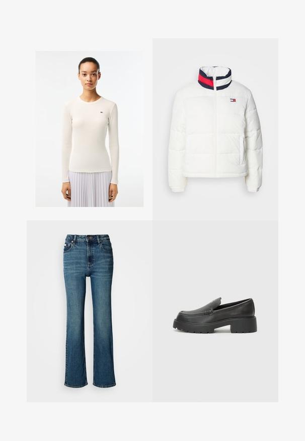 Bela puhovka s visokim ovratnikom, ki ima mornarsko modro, rdečo in belo trakasto poslikavo. Spredaj se zapenja na zadrgo, imata pa tudi stranska žepa. Gladka tekstura.; Bela dolga majica z dolgimi rokavi, rebrasto teksturo in okroglim izrezom, ki na levi strani vsebuje majhno zeleno logotip. Gladka tkanina.; Visoko pasne modre jeans hlače iz denima, s straight leg dizajnom, rahlim bledenjem in standardnim gumbom ter zadrgo.; Črne usnjene loafers čevlje z zaobljenim nosom, debelim teksturiranim podplatom in minimalnimi šivi. Elegantna zasnova brez vidnih vezalk ali kovinskih delov.
