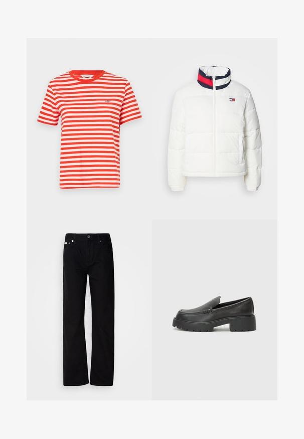 Chaqueta acolchada blanca con cuello alto que presenta un acento a rayas en azul marino, rojo y blanco. Cierre central en la parte delantera y bolsillos laterales. Textura suave.; Camiseta de rayas rojas y blancas con mangas cortas, cuello redondo y logotipo bordado en el lado izquierdo del pecho. Material de algodón, ajuste casual.; Pantalones de mezclilla negros de pierna recta con cinco bolsillos, remaches plateados y cierre de botones. La tela tiene un acabado liso y ligeramente texturizado.; Mocasines de piel negra con punta redondeada, suela texturizada gruesa y mínimos detalles de costura. Diseño elegante sin cordones o herrajes visibles.