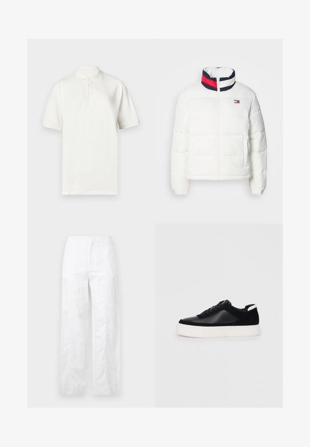 Bela puhovka s visokim ovratnikom, ki ima mornarsko modro, rdečo in belo trakasto poslikavo. Spredaj se zapenja na zadrgo, imata pa tudi stranska žepa. Gladka tekstura.; Bela bombažna polo majica z ovratnikom, kratkimi rokavi in tremi gumbi spredaj. Subtilen izvezen logotip blagovne znamke na prsih.; Bela široka hlače iz lahkega materiala, ki se ponašajo z gladko teksturo, čistimi linijami in visokim pasom.; Črne športne copate z gladko usnjeno in semišnimi paneli, ravnimi vezalkami, zaobljenim nosom in belim gumijastim podplatom. Oznaka na peti.