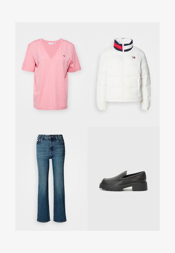 Balta pūkų striukė su aukštu apykakle, su tamsiai mėlynos, raudonos ir baltos spalvų juostomis. Priekyje užtrauktukas ir šoninės kišenės. Lygus paviršius.; Rausvas medvilninis marškinėlis su V formos iškirpte, trumpomis rankovėmis ir subtiliu Lacoste logotipu ant krūtinės. Lygus paviršius ir laisvas krova.; Aukštai juosmeniu mėlyni džinsai iš denimo, turintys tiesaus kirpimo dizainą, švelnų blukimą ir standartinį mygtuko bei užtrauktuko uždarymą.; Juodi odiniai loaferiai su apvaliu pirštu, storu tekstūruotu padu ir minimaliu siūlių dekoru. Išskirtinis dizainas be matomų raištelių ar furnitūros.