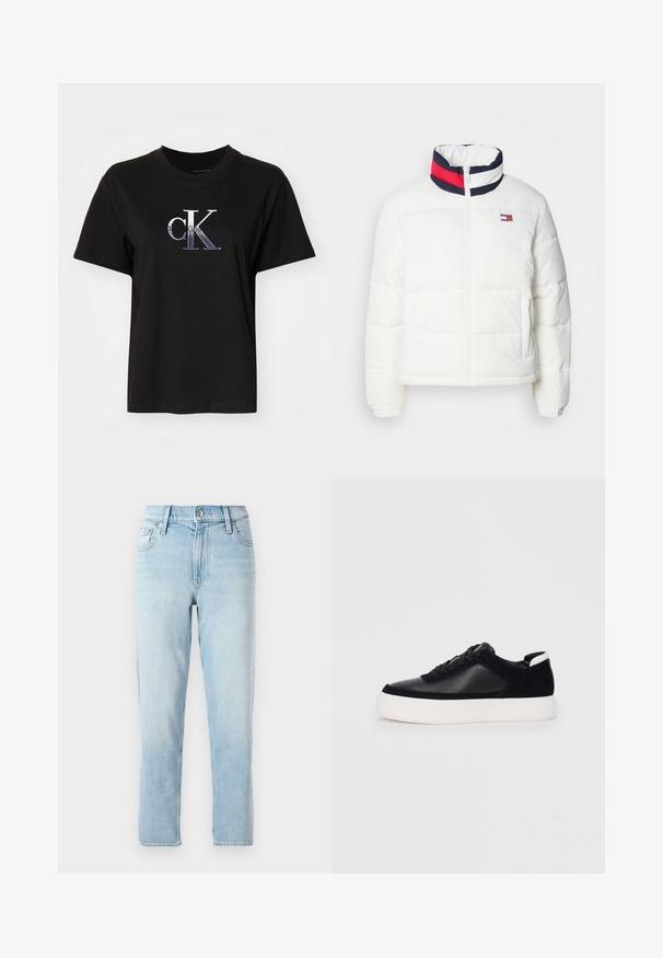 Valkoinen puffatakkia, jossa on korkea kaulus ja tummansinen, punainen ja valkoinen raidallinen yksityiskohta. Keskellä edessä vetoketju ja sivutaskut. Sileä pinta.; Musta puuvillainen t-paita, jossa on pyöreä pääntie. Siinä on hopeinen brodeerattu "cK" -logo ja "Calvin Klein Jeans" -teksti logon alla. Lyhyet hihat.; Vaaleansiniset farkut, suora lahjetyyli, keskikorkea vyötärö, viisi taskua ja nappikiinnitys edessä.; Musta lenkkari sileällä nahka- ja mokkanahkapaneelilla, litteät nauhat, pyöreä varvas sekä valkoinen kumipohja. Erottuva logo kantapäässä.