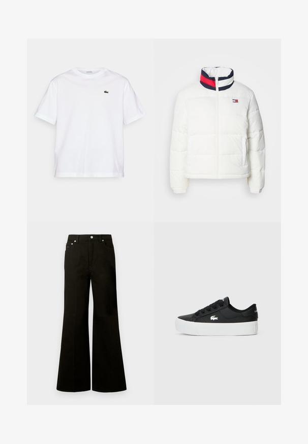 Casaco puffer branco com colarinho alto, apresentando um detalhe em riscas azul marinho, vermelho e branco. Fecho central com zíper e bolsos laterais. Textura suave.; T-shirt de algodão branco com decote redondo e mangas curtas. Apresenta um logotipo bordado verde no peito. Textura suave, ajuste relaxado.; Calças de ganga pretas de cintura alta e perna larga, com botão e fecho éclair frontal, passadores para cinto e cinco bolsos, incluindo um pequeno bolso para moedas.; Sapatilha preta de cano baixo feita de material sintético, com sola de borracha branca, atacadores pretos e um pequeno logótipo branco na lateral.