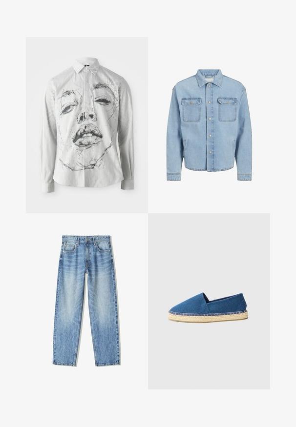 Svetlo modra denimska jakna z ovratnikom, sprednjimi gumbi na snap, dvema žepoma na prsih in stranskima žepoma z vidnimi šivi.; Pasma polo z dolgimi rokavi, ki na sprednji strani prikazuje enobarvno ilustracijo obraza. Tkanina je gladka, s klasičnim ovratnikom in gumbi.; Svetlo modri kavbojke z ohlapnim krojem, ravnim nogavicama, petimi žepi in zbledelim videzom. Imajo zadrgo in gumb na sprednji strani.; Modre platnene espadrilke z zaprtim nosom, jutenim podplatom in šivanim robom. Gladka tekstura blaga in nizkoprofilna zasnova.
