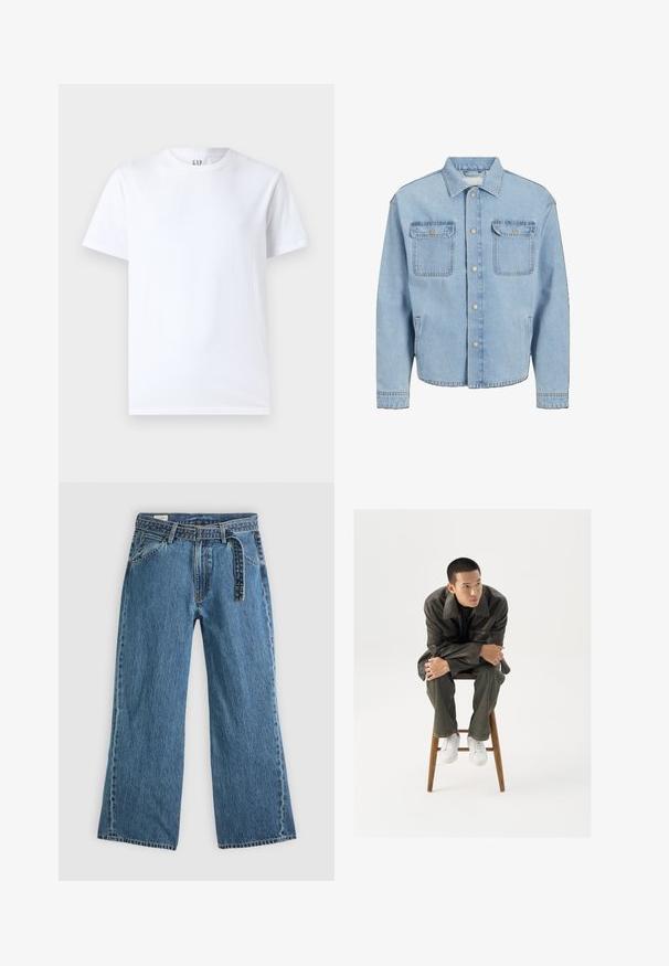 Chaqueta de mezclilla azul claro con dos bolsillos en el pecho, cierres de botones plateados y un cuello clásico. Diseño de corte recto y puños estándar.; Camiseta de algodón blanca con cuello redondo y mangas cortas. Diseño simple sin patrones ni gráficos, con la marca GAP en el cuello.; Pantalones vaqueros de mezclilla azul de pierna ancha con cinturón adjunto, bolsillos frontales y costuras visibles sobre un fondo claro y liso.; Chaqueta de cuero marrón con un amplio cuello, combinada con jeans verde oscuro y zapatillas blancas. El modelo está sentado en un taburete de madera.