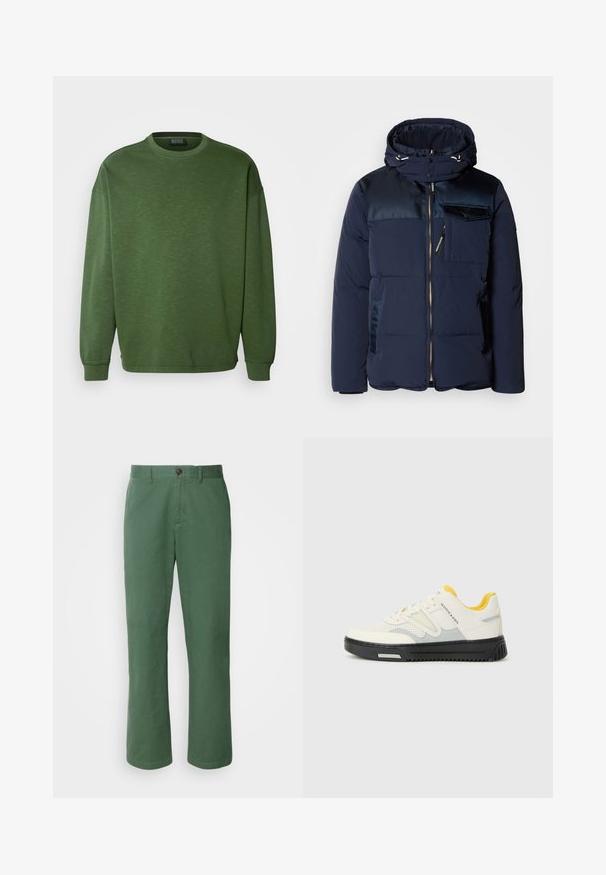 Scotch & Soda HOODED JACKET - Winter jacket - sky captain; Green sweatshirt with a round neckline, loose fit, and long sleeves. Made from a textured fabric with ribbed cuffs and hem.; Green cotton trousers with a straight leg design, featuring a front button closure and subtle texture. No visible patterns or accents.; White and grey athletic shoe with a textured upper, yellow accents on the tongue, and a thick black sole. Features perforations for breathability.
