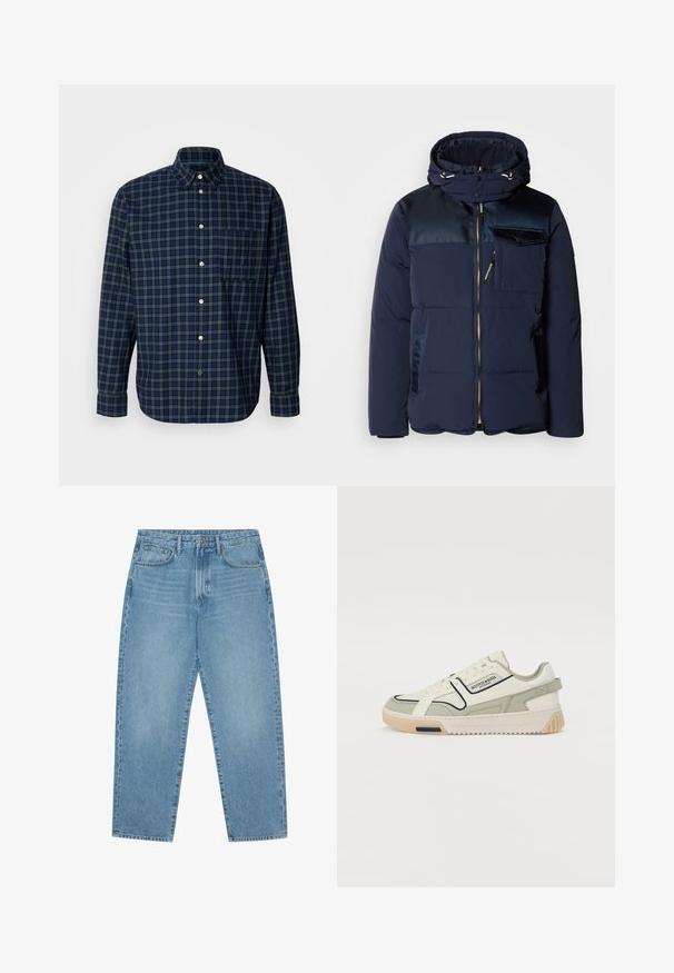 Scotch & Soda HOODED JACKET - Winterjacke - sky captain; Navy- und dunkelgrünes kariertes Hemd aus Baumwolle mit Button-Down-Kragen, langen Ärmeln und einer Brusttasche, ausgestattet mit runden Knöpfen.; Hellblaue Jeans im weit geschnittenen Stil mit hoher Taille, ausgestattet mit fünf Taschen, Gürtelschlaufen und einer weichen, leicht verblassten Textur.; Weißer Sneaker mit grauen Wildlederakzenten, Netzstruktur und schwarzen Details. Verfügt über eine strukturierte Gummisohle und ein markiertes Seitenlogo.