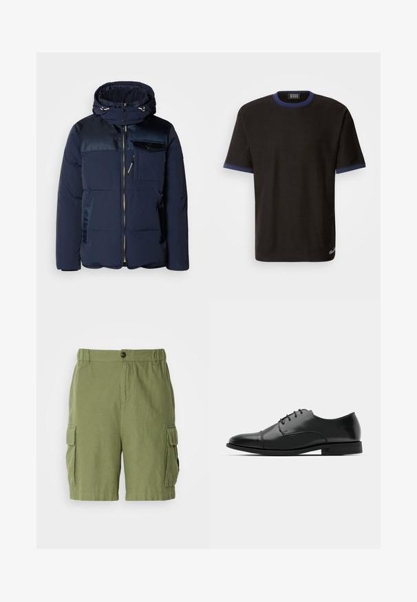 Scotch & Soda HOODED JACKET - Jachetă de iarnă - sky captain; Scotch & Soda RELAXED FIT BOUND NECKLINE - Tricou cu imprimeu - meteorite; Pantaloni scurți cargo verzi cu o croială relaxată, realizați dintr-un material ușor. Au buzunare laterale și închidere cu buton frontal.; Pantofii negri din piele, cu vârful rotunjit, design cu șireturi, detalii de cusătură subtile și toc joasă. Textura netedă cu un finisaj lustruit.