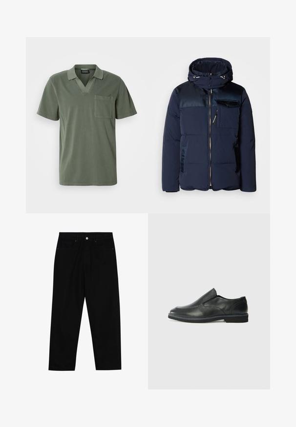 Scotch & Soda HOODED JACKET - Vinterjakke - sky captain; Oliven grønn kortermet polo-skjorte med V-hals, brystlomme og en myk bomullstekstur. Minimalistisk design med rene linjer.; Sorte denimbukser med rett benklipp, fem-lomme design og frontknappåpning. Jevn tekstur med minimale sømdetaljer.; Sorte skinn slip-on sko med en jevn overflate, stikking detaljer, rund tå og en lav gummihæl. Sålen har minimal mønstring.