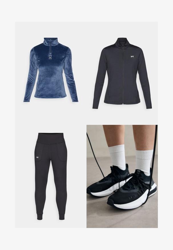 Giacca sportiva nera realizzata in tessuto morbido ed elasticizzato, con colletto alto e zip completa, caratterizzata da un piccolo logo bianco sul lato sinistro superiore.; Spyder SHIMMER BUG 1/2 ZIP - Felpa in pile - true navy; Leggings atletici neri realizzati in materiale elastico, con un alto giro vita, tasche laterali e polsini aderenti alla caviglia.; Scarpe sportive nere con tessuto testurizzato, suola bianca e lacci neri. Indossate con calzini bianchi a costine, in piedi su una superficie chiara.