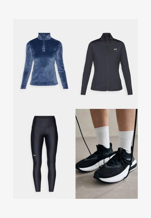 Svart treningsjakke laget av glatt, elastisk stoff med høy krage og hel glidelås, med en liten hvit logo på øvre venstre side.; Spyder SHIMMER BUG 1/2 ZIP - Fleecegenser - true navy; Sorte leggings laget av glatt, elastisk materiale med høy midje. Har en hvit logo på venstre lår og en tettsittende design.; Svarte treningssko med teksturert stoff, hvit såle og svarte snøringer. Brukt med hvite ribbestrikkede sokker, stående på en lys overflate.