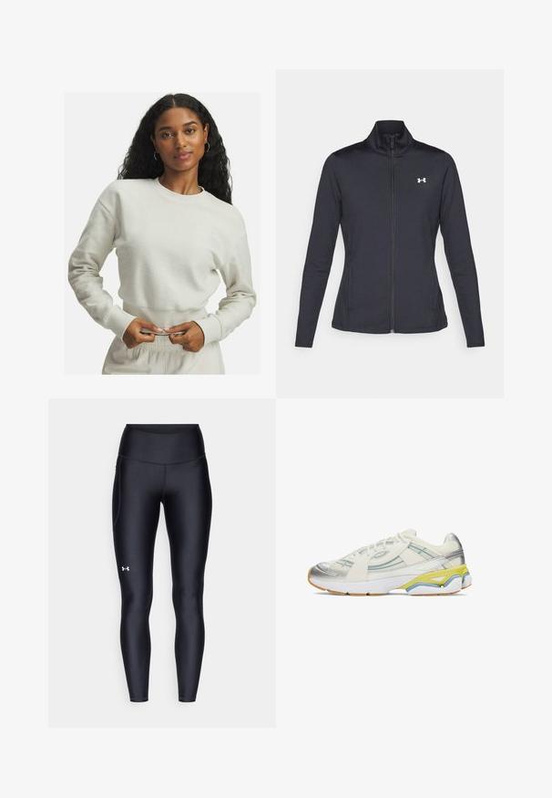 Sort atletisk jakke lavet af glat, strækbart stof med høj krave og fuld lynlås, der har et lille hvidt logo på den øverste venstre side.; Kremfarvet, tekstureret sweatshirt med ribbede manchetter og talje, der har en lille broderet detalje på brystet. Casual, afslappet pasform.; Sort kortærmet trænings t-shirt lavet af strækbart stof, med rund halsudskæring og en tætsiddende design, parret med grå træningsbukser.; Sorte leggings lavet af glat, strækbart materiale med høj talje. Har et hvidt logo på venstre lår og en tætsiddende design.; Sportsko sneakers med en overdel i hvid og sølv mesh, prydet med blå og gule detaljer samt en struktureret gummisål.