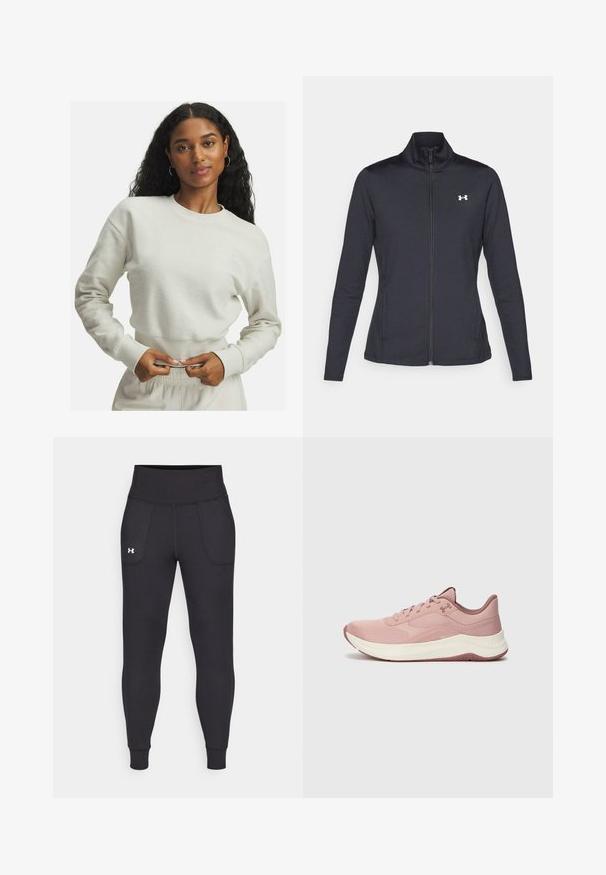 Zwarte sportjack gemaakt van glad, rekbaar materiaal met een hoge kraag en een volledige ritssluiting, met een klein wit logo op de bovenste linkerkant.; Crème-kleurig, gemeleerd sweatshirt met ribgebreide mouwen en tailleband, met een klein geborduurd detail op de borst. Casual, losse pasvorm.; Zwarte sportleggings van rekbaar materiaal, met een hoge tailleband, zijzakken en aansluitende boorden bij de enkels.; Lichtroze sportschoen met een bovenkant van mesh, een gevoerde kraag en een witte middenzool. Heeft textuurpatronen en een rubberen zool met grip.