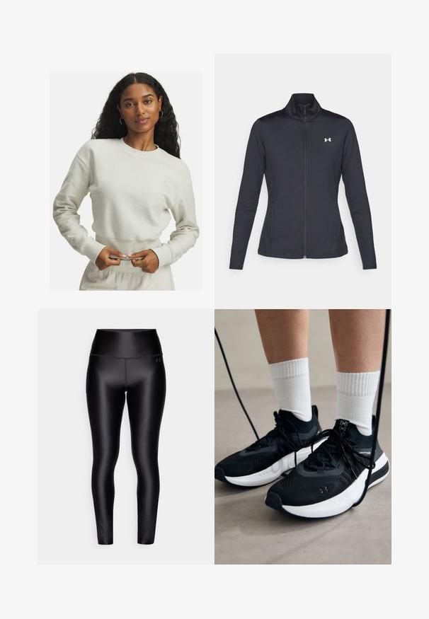 Černá sportovní bunda vyrobená z hladké a elastické textilie, s vysokým límcem a plným zipem, která má malé bílé logo na levé horní části.; Krémová, texturovaná mikina se žebrovanými manžetami a pasem, s malým vyšitým detailem na hrudi. Neformální, volný střih.; Černé legíny s vysokým pasem vyrobené z hladkého, elastického materiálu. Obsahují boční kapsu a decentní logo na pasu.; Černé sportovní boty s texturovanou tkaninou, bílou podrážkou a černými tkaničkami. Nosené s bílými žebrovanými ponožkami, stojící na světlém povrchu.
