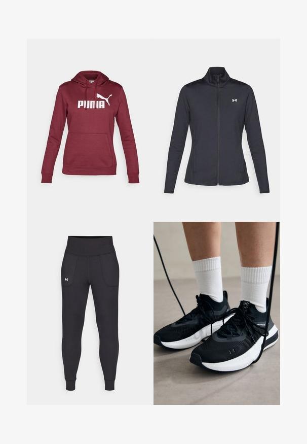 Black athletic jacket made of smooth, stretchy fabric with a high collar and full zipper, featuring a small white logo on the upper left side.; Burgundy hooded sweatshirt with a large white "PUMA" logo and a white cat silhouette; features a front pouch pocket and ribbed cuffs.; Black athletic leggings made from stretchy material, featuring a high waistband, side pockets, and fitted cuffs at the ankle.; Black athletic shoes with textured fabric, white sole, and black laces. Worn with white ribbed socks, standing on a light surface.