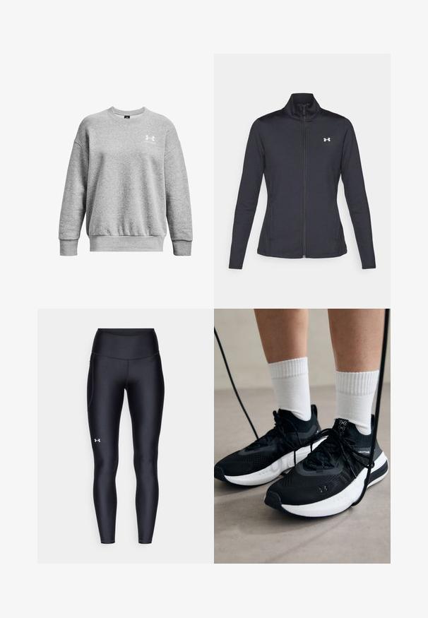 Čierna športová bunda vyrobená z hladkého, elastického materiálu s vysokým golierom a plným zipsom, s malým bielym logom na hornej ľavej strane.; Šedá mikina vyrobená z mäkkého materiálu, s okrúhlym výstrihom, spustenými ramenami, rebrovanými manžetami a malým bielym logom na ľavej hrudi.; Čierne legíny vyrobené z hladkého, elastického materiálu s vysokým pásom. Obsahujú biele logo na ľavom stehne a sú strihané na telo.; Čierne športové topánky s textúrovanou tkaninou, bielou podrážkou a čiernymi šnúrkami. Nosené s bielymi rebrovanými ponožkami, postavené na svetlom povrchu.
