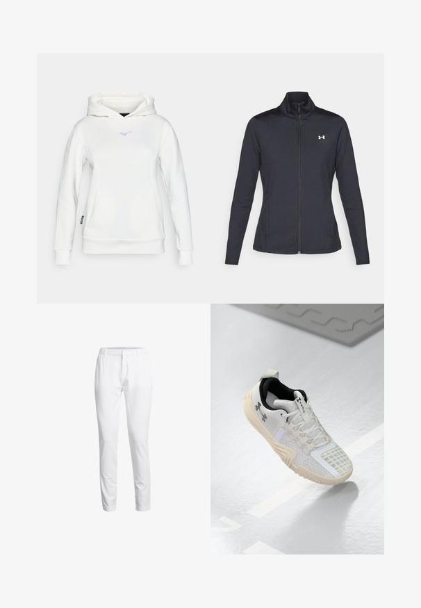 Melnās sporta jakas izgatavotas no gludas, elastīgas auduma ar augstu apkakli un pilnu rāvējslēdzēju, ar nelielu baltu logo augšējā kreisajā pusē.; Balta kapuce ar mīkstu audumu un kangarū kabatu. Uz krūtīm ir neliels purpursarkans logs un ribota apkakle un apakša.; Bīti balti šaurie bāri, izgatavoti no gludas auduma. Iezīmēti ar plakanu priekšpusi, jostas cilpiņām un tīru jostas dizainu. Redzami nav kabatas.; Baltas sporta apavu modelis ar teksturētu acu augšdaļu, melnu iekšpusi un bēšu gumijas zoli ar rakstainu saķeri. Akcentēts ar vieglām detaļām.