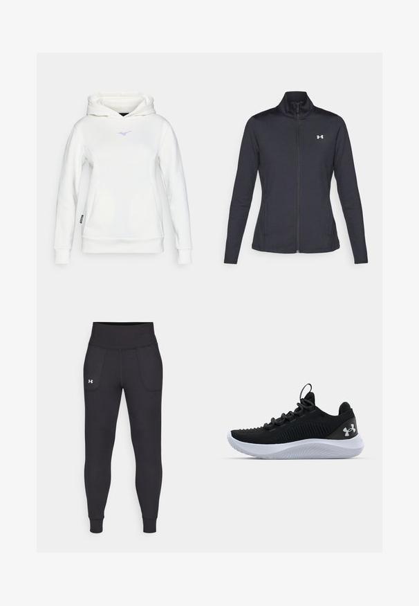 Jachetă sport neagră realizată dintr-un material neted și elastic, cu guler înalt și fermoar complet, având un mic logo alb în colțul din stânga sus.; Hanorac alb dintr-un material moale, cu buzunar tip kangaroo. Prezintă un logo mic de culoare purpurie pe piept și manșete și tiv cu nervuri.; Leggings negre atletice realizate dintr-un material elastic, cu talie înaltă, buzunare pe lateral și manșete ajustate la gleznă.; Pantofi sport negri cu un upper din plasă respirabilă, detalii texturate și o talpă din cauciuc albă. Au șireturi plate și o bandă pentru a-i trage de pe călcâi.