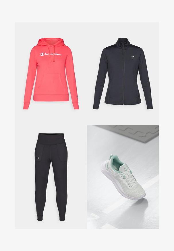 Svart treningsjakke laget av glatt, elastisk stoff med høy krage og hel glidelås, med en liten hvit logo på øvre venstre side.; Korallrosa hettegensere, i bomullsmateriale, med frontlomme, hvit "Champion" logo, justerbar hette med snøring, lange ermer, ribbestrikkede mansjetter.; Svarte sportsleggings laget av elastisk materiale, med høy midje, sidelommer og tettsittende mansjetter ved ankelen.; Lys grå idrettssko med en teksturert strikket overdel, mintgrønne detaljer, hvite snøringer, gummisåle og en løftestropp på hælen.