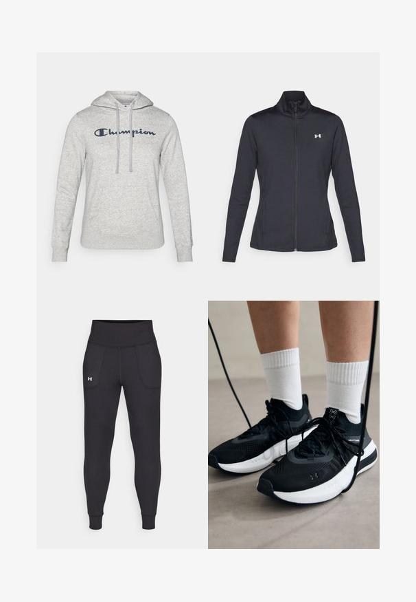 Schwarze Sportjacke aus glattem, dehnbarem Stoff mit hohem Kragen und durchgehendem Reißverschluss, ausgestattet mit einem kleinen weißen Logo auf der oberen linken Seite.; Grauer Hoodie mit einer Kordelzugkapuze, Fronttasche und gesticktem "Champion"-Logo in Marineblau über der Brust. Weicher Stoff.; Schwarze Sportleggings aus dehnbarem Material, mit hohem Taillenbund, seitlichen Taschen und schmalen Bündchen am Knöchel.; Schwarze Sportschuhe aus strukturiertem Stoff, mit weißer Sohle und schwarzen Schnürsenkeln. Tragen mit weißen gerippten Socken, stehen auf einer hellen Fläche.